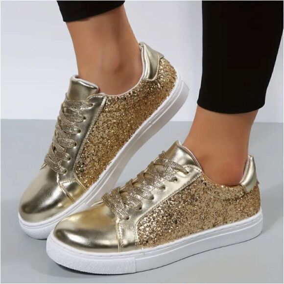 Women's Gold Sequin Glitter Sneakers Shoes Low Top Sparkle Festival - Picture 1 of 4